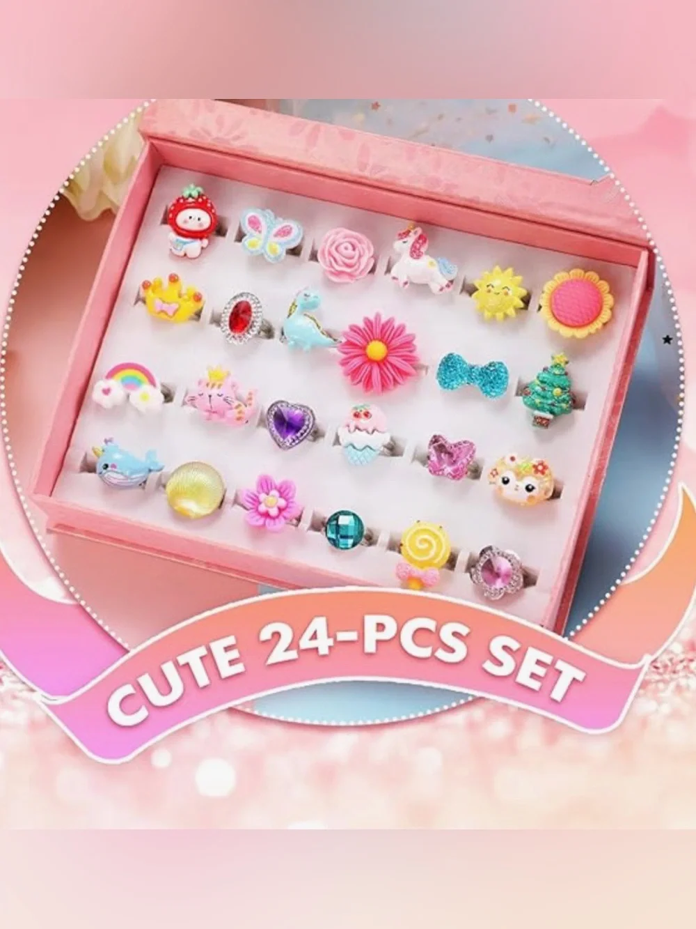 Pink Sheep 24 Pc Set Girl Jewel Rings
